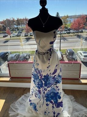 Something Blue - ALFRED SUNG White Dress with Blue Floral Print